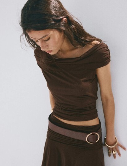 Mango Off Shoulder Top Brown S