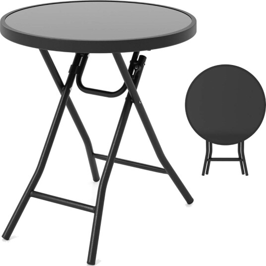 Rund uteplass sofabord med herdet glassplate & Metallramme sammenleggbar sidebord svart
