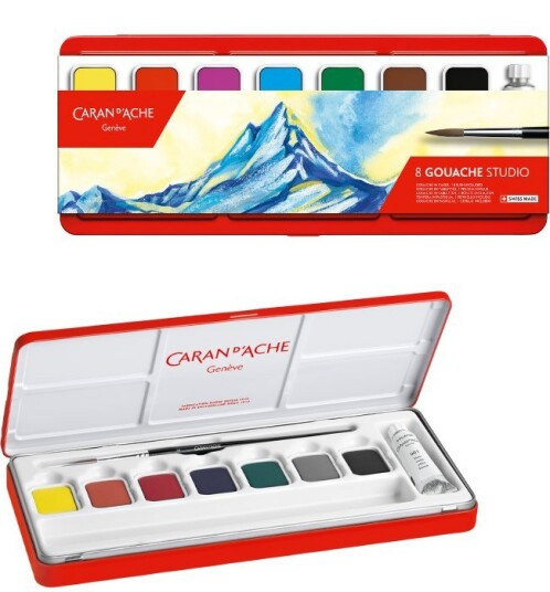 Caran d'Ache Gouache Studio vannbasert maling 8 farger og en pensel