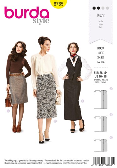 Burda 8765 - Skjørt EUR: 36-54, US:10-28