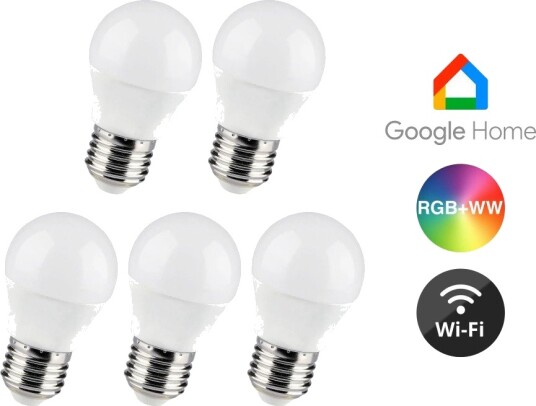 V Tac 5 stk. E27 5W Wifi LED pære   G45 Tuya/Smart Life fungerer med Google Home   Dimbar : Via Smart Home Kulør : RGB + CCT Varm til Kald Hvit