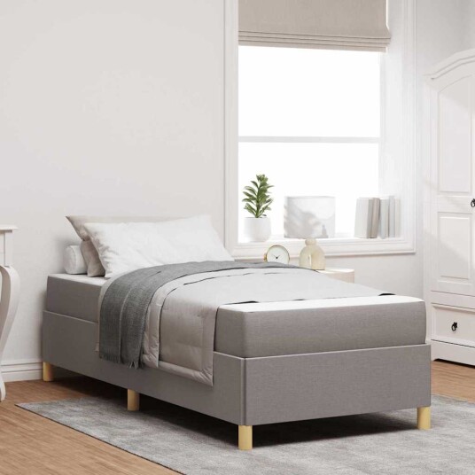 Boksfjær Seng med madrass Taupe og hvit 90 x 200 cm stoff
