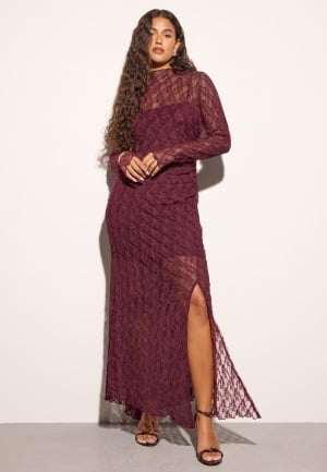 Bubbleroom Occasion Asymmetric Lace Maxi Dress Burgundy L