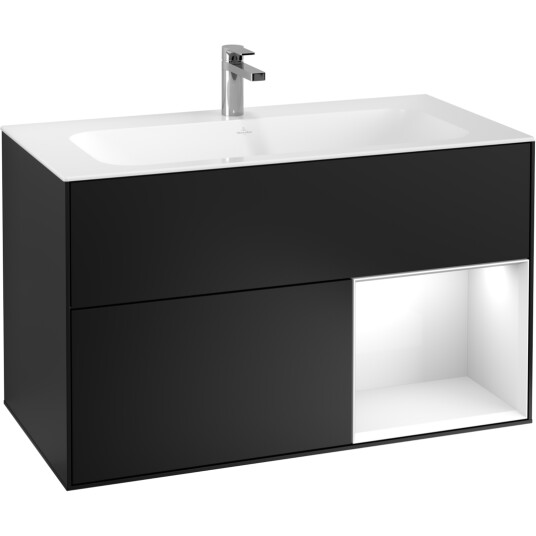 VILLEROY & BOCH FINION SERVANTSKAP 100 SVART MATT LAKK EMOTION-LYS, HØYRESTILT HVIT HYLLE VILLEROY & BOCH FINION SERVANTSKAP 100 SVART MATT LAKK EMOTION-LYS, HØYRESTILT HVIT HYLLE