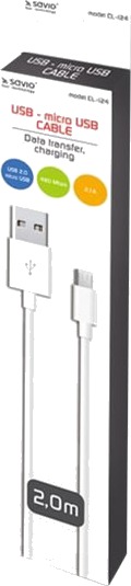 Savio Cl 124   Usb Kabel   Usb Hann Til Micro Usb Type B Hann   Usb 2.0   2.1 A   2 M   Hvit