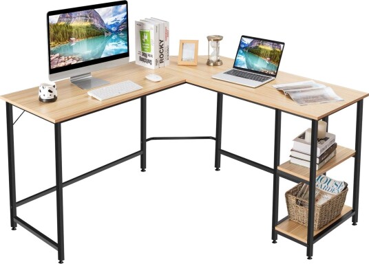 L formet skrivebord hjemmekontor med 2 hyller 138 x 60 x 75 cm naturlig