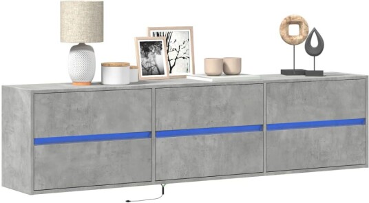 Vegghengt TV-benk med LED-lys betonggrå 180x31x45 cm