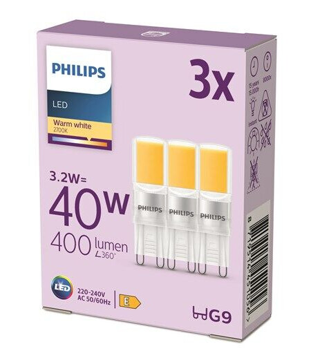 Philips LED-lyspære LEDClassic 3,2W/827 (40W) 3-pack G9