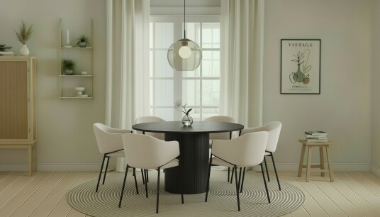 Bark Kopparbo Rundt Spisebord 130 cm med 6 Filip Spisestoler Svart tre / Hvit Bouclé