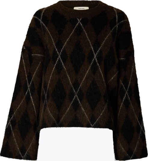 Selected Femme Lulu Brushed Long Sleeve Argyle Knit O Neck Brun XXL