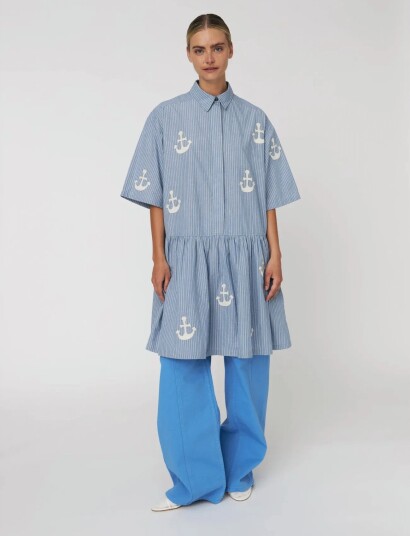 Stella Nova Oversized Dress With Embroidered Anchor   Blue   36