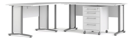 Prisme hjørneskrivebord 305 med skuffemodul på hjul, hvit