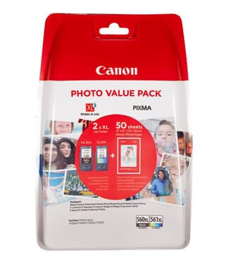 Canon Ink Value Pack Pg-560xl/cl-561xl Incl 50 Sheet Photo Paper 10x15cm