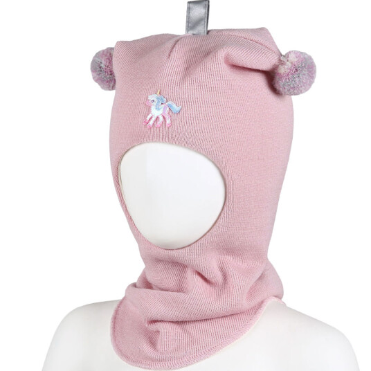 KiVAT unicorn balaklava ull – pudderrosa multicolor bobbles 5 8år