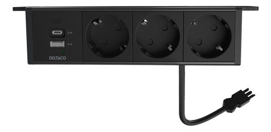 DELTACO OFFICE Under-desk Outlet angled,3 outlet,1x21W A+C USB,GST18