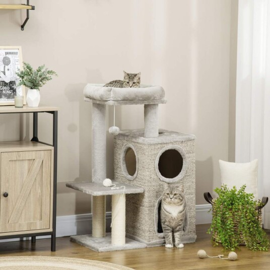 Klatretre For Katt Med Grotter Og Sisal Lysegrå