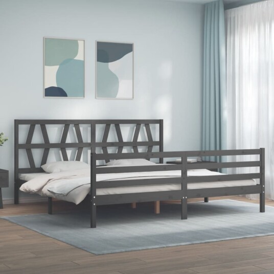 vidaXL Sengeramme med hodegavl grå 200x200 cm heltre
