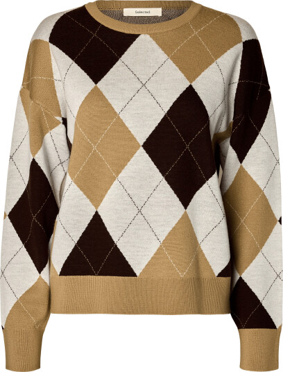 Selected Slwthea Ls Knit Argyle O-Neck - Beige - L