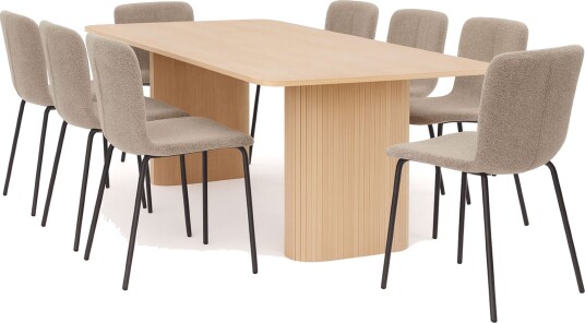 Kopparbo Spisebord 200-260 cm Uttrekkbart med ileggsplate med 8 Katy Spisestoler - Hvit / Greige Bouclé / Metallben Svart