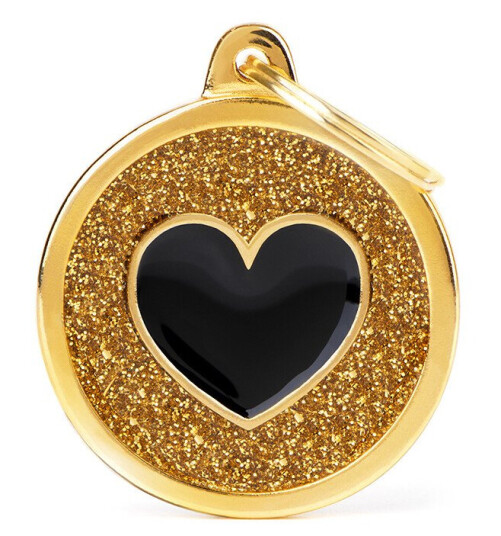 Myfamily Shine Circle ID tag for hund med hjerte - Sort/gull