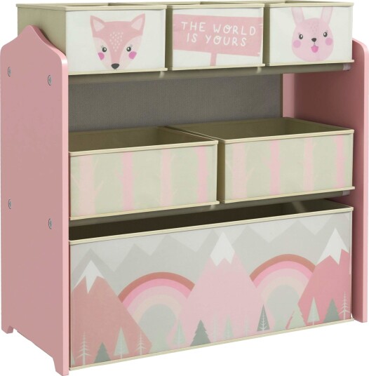 Oppbevaringshylle for barn med 6 stoffbokser – rosa 63x30x66 cm