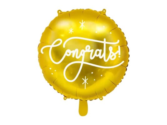 Congrats! Rund Gullfarget Folieballong med Hvit Tekst 35 cm