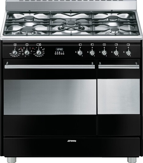 Smeg 90 cm Gasskomfyr med Dobbelovn og Varmluftsfunktion - Sort Smeg 90 cm Gasskomfyr med Dobbelovn og Varmluftsfunktion - Sort