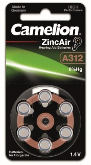 Camelion A312 Sink-Luft Høreapparatbatterier 6-pakning med 1,4V og 160 mAh