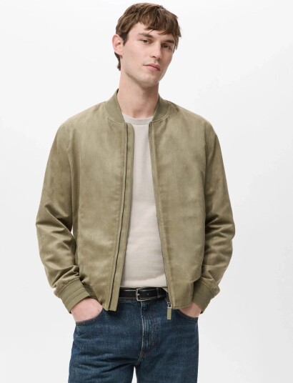 Mango Suede Effect Bomber Jacket Khaki green L