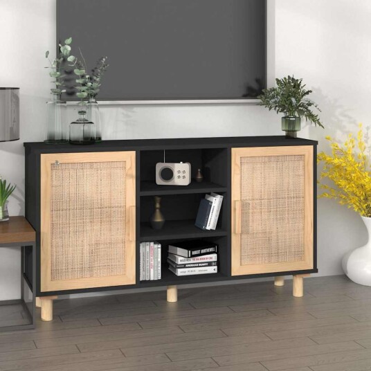 vidaXL Skjenk svart 105x30x60 cm heltre furu og naturrotting