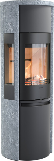 Contura 596T svart vedovn med sideglass, støpejernsdør og klebersteinsomramming