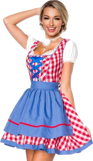 Tradisjonelt Rødt og Hvitt Rutete Dirndl Oktoberfestkostyme med Blå Partier Strl XS Tradisjonelt Rødt og Hvitt Rutete Dirndl Oktoberfestkostyme med Blå Partier Strl XS