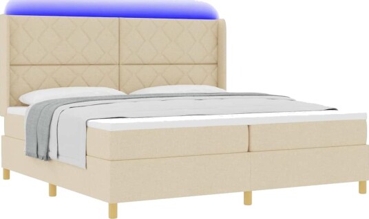Box Spring Seng med Madrass & LED Krem 200x200 cm Stoff Box Spring Seng med Madrass & LED Krem 200x200 cm Stoff