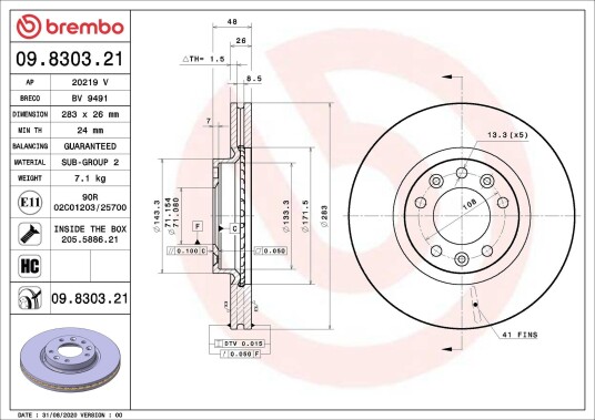 Bremseskive BREMBO 09.8303.21 Bremseskive BREMBO 09.8303.21