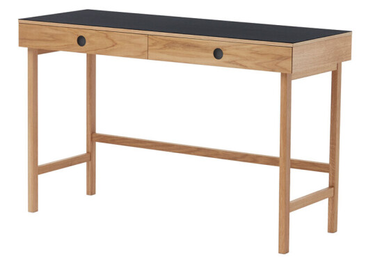 A2 Mind skrivebord sort linoleum, skinn og ben i oljet eik