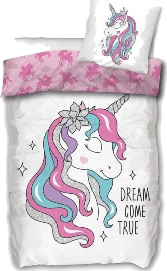 Unicorn sengetøy 140x200 cm 100% bomull Dream come true Hvit og rosa