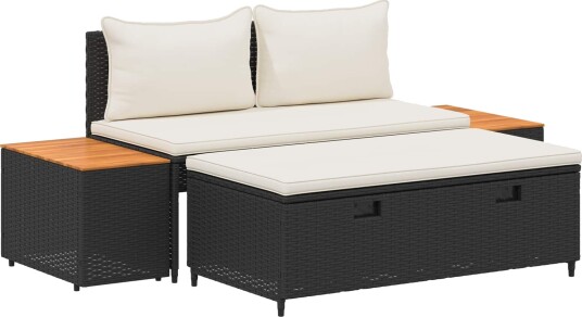Utendørs sofa sett med pute med lagring 4 pcs Svart og Kremhvit