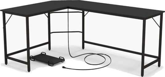 L formet datamaskinbord med strømuttak & CPU stativ & Robust metallramme hjørnebord svart