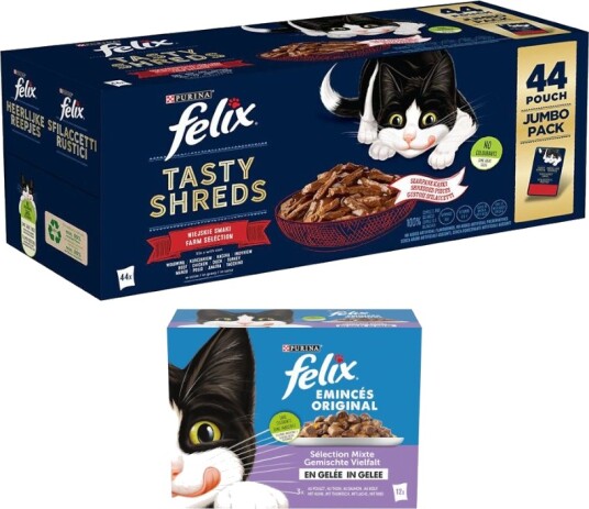 Felix våtfôr Latz + Latz våtfôr i gelé på kjøpet Tasty Shreds Farm Selection 44 x 80 g 44 x 85 g 12 x 85 g 44 x 80 g