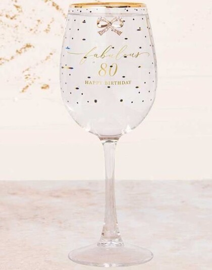Elegant Vinglass med Gravert Gull Tekst og Stener   Fabulous 80th Birthday