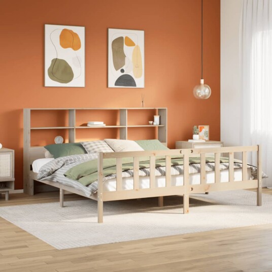 Seng med bokhylle uten madrass 200x200 cm heltre furu 8721158604996