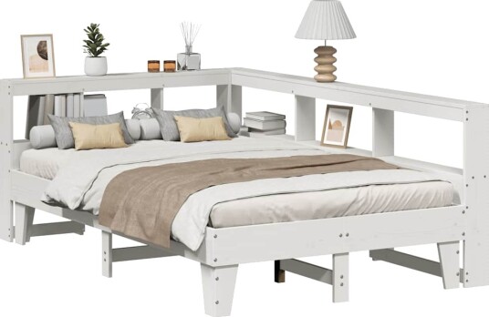 Seng med bokhylle uten madrass hvit 140x190 cm heltre furu