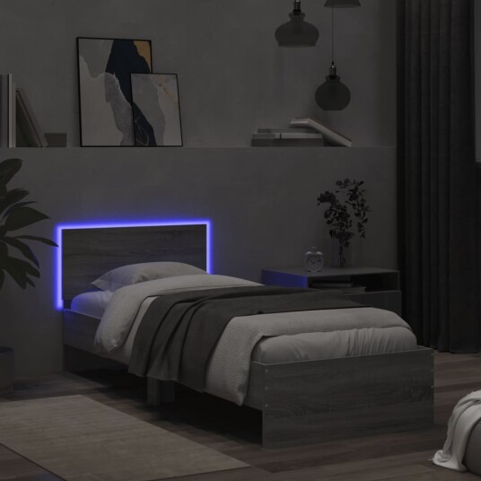  Sengeramme med hodegavl og LED-lys grå sonoma 90x190 cm 8721012241893