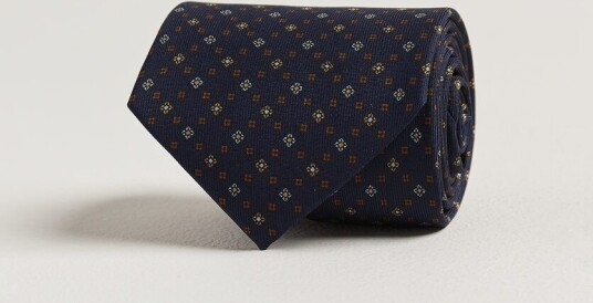 E. Marinella 3 Fold Printed Silk Tie Navy
