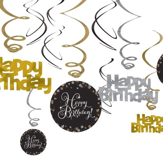 Amscan EU Swirls Happy Birthday Sølv/Gull Glitter  12-pakning