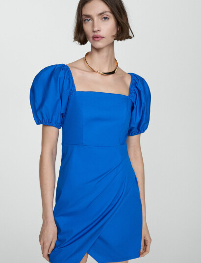 Mango Printed Dress With Balloon Sleeves - Blue - S Mango Printed Dress With Balloon Sleeves - Blue - S