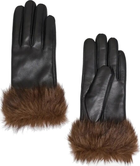 French Connection Fur Cuff Leather Gloves DARK BROWN/BLACK M