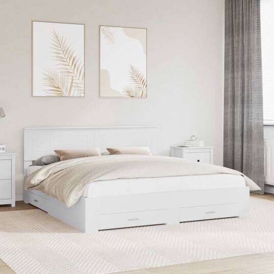 Sengestamme med hodegjerde Hvit 180 x 200 cm Konstruert tre Sengestamme med hodegjerde Hvit 180 x 200 cm Konstruert tre
