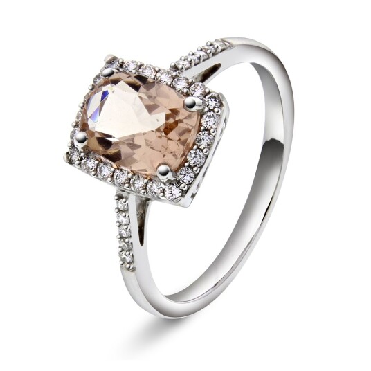 Jacqueline ring i 375 hvitt gull med diamanter 0,20 ct og morganite sten, størrelse 56