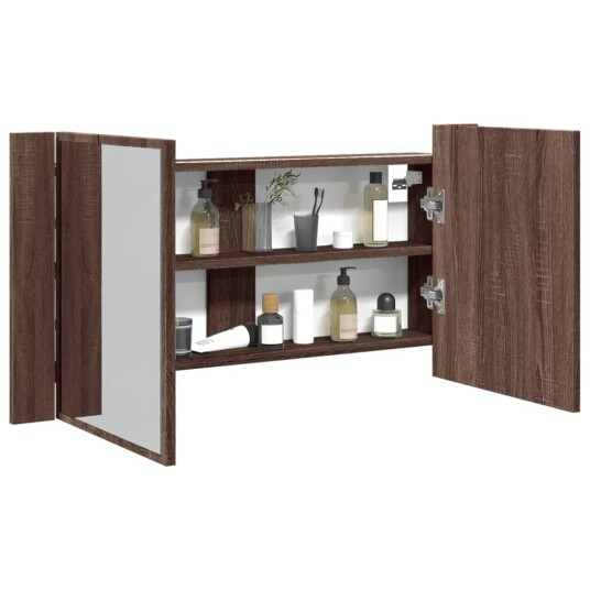  LED-speilskap til baderom brun eik 90x12x45 cm akryl